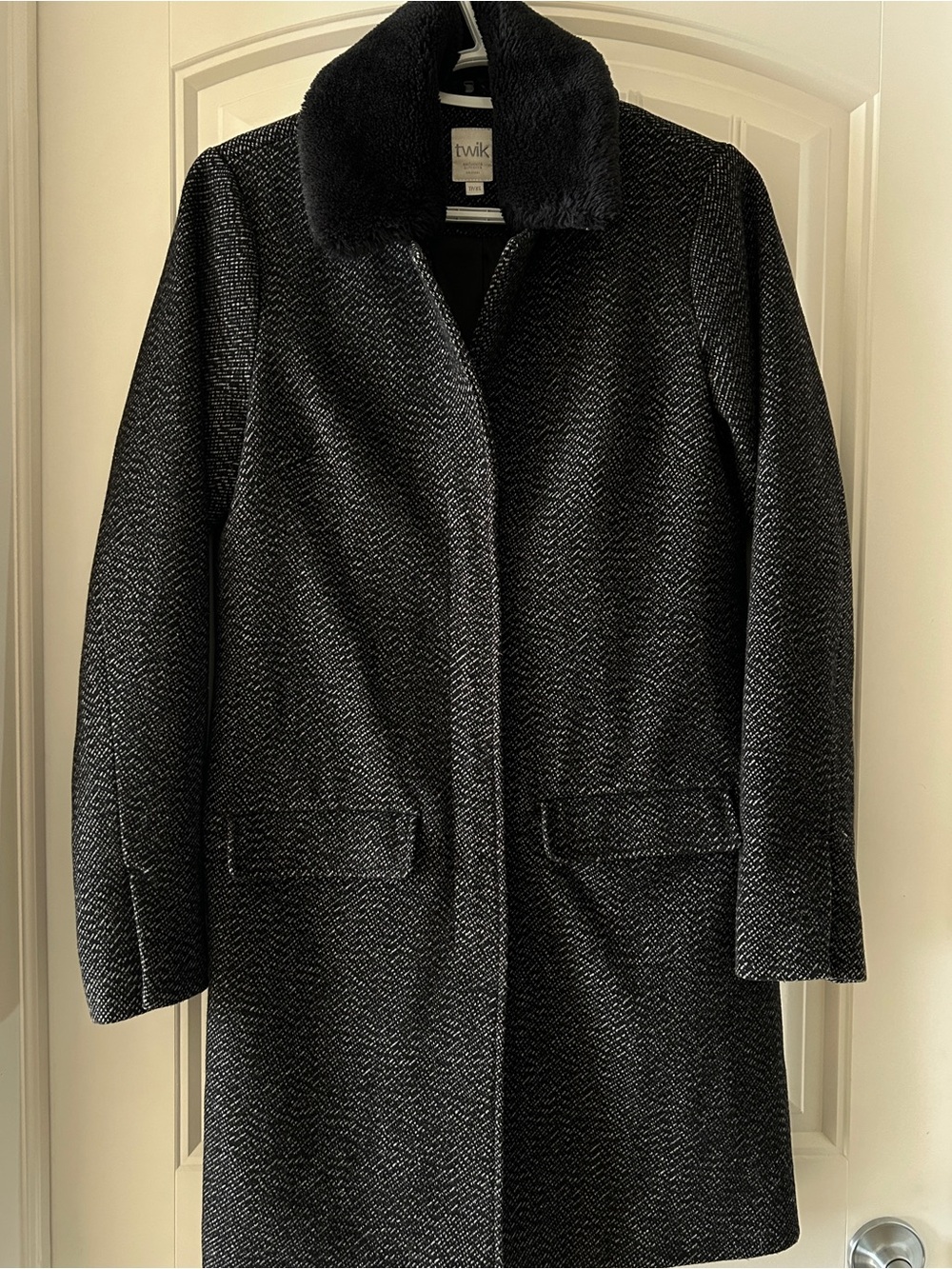 Twik Herringbone Coat with Faux Fur Collar | Black